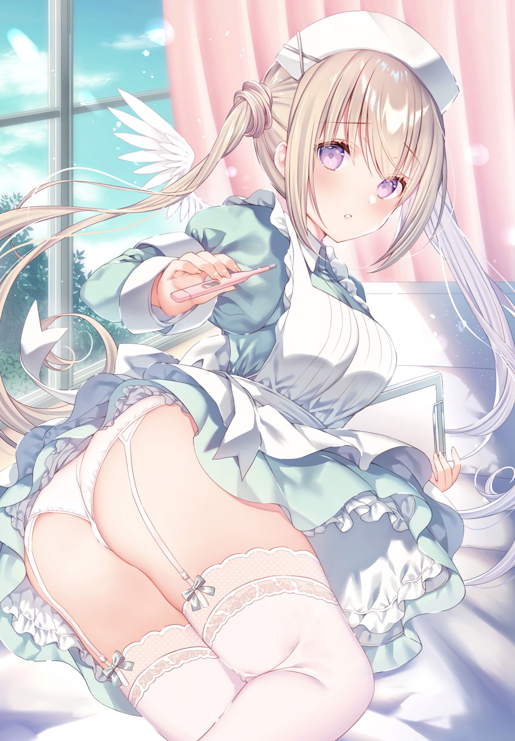 ass detexted nurse pantsu skirt_lift stockings thighhighs thong wasabi_(sekai) wings