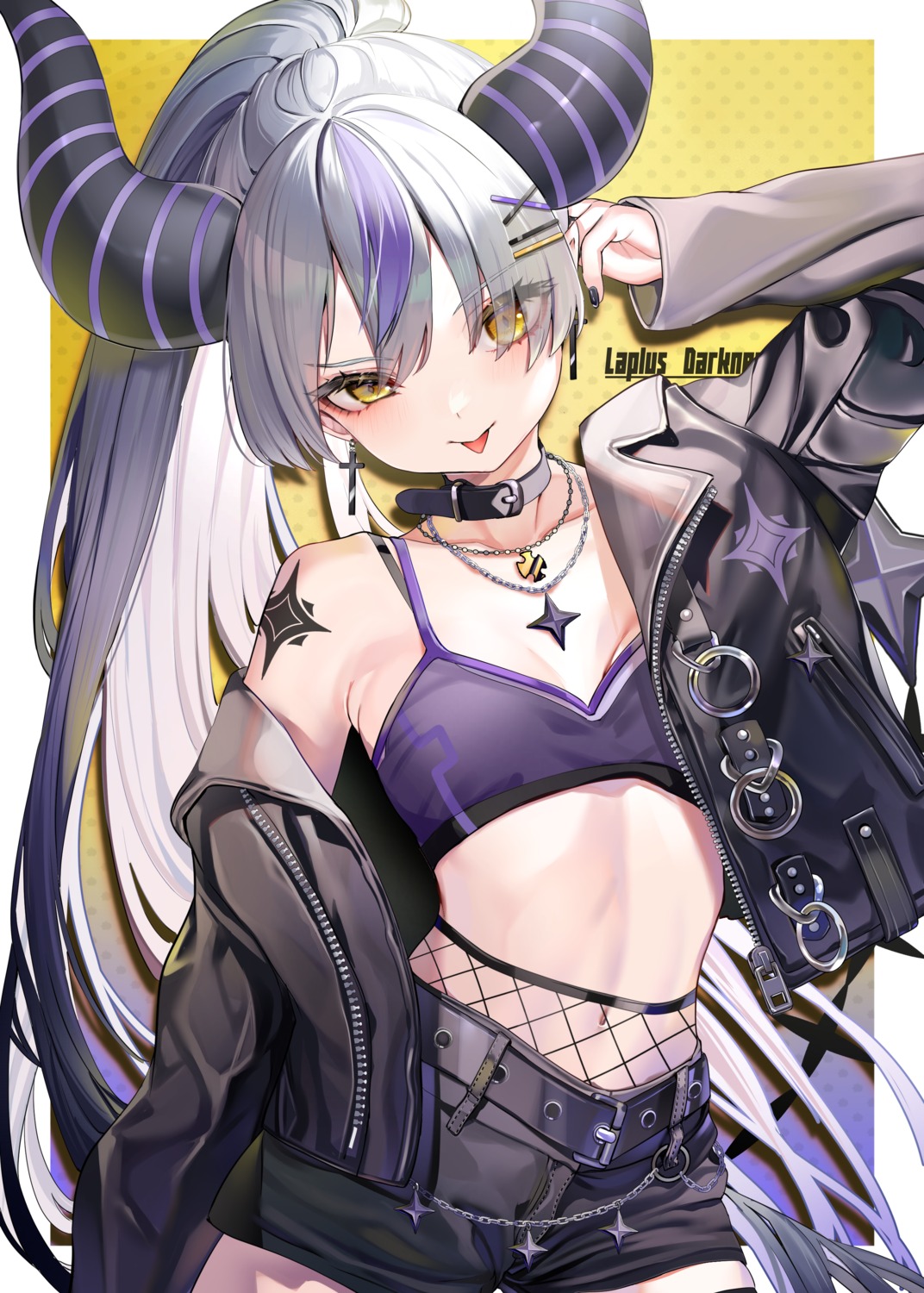 bra fishnets hololive horns la+_darknesss open_shirt piyokuma pointy_ears tail tattoo