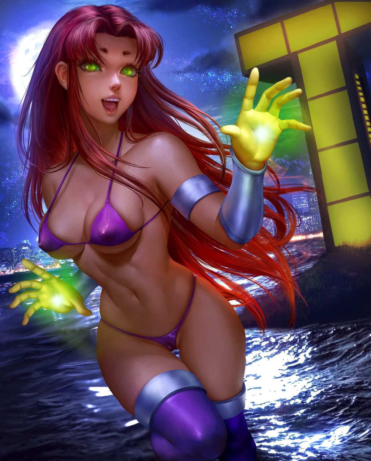 bikini cameltoe cleavage dc_comics erect_nipples logan_cure starfire swimsuits teen_titans thighhighs