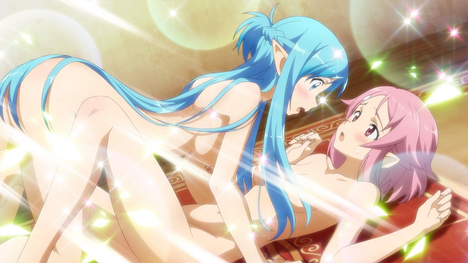 alfheim_online ass asuna_(sword_art_online) censored lisbeth naked pointy_ears sword_art_online yuri