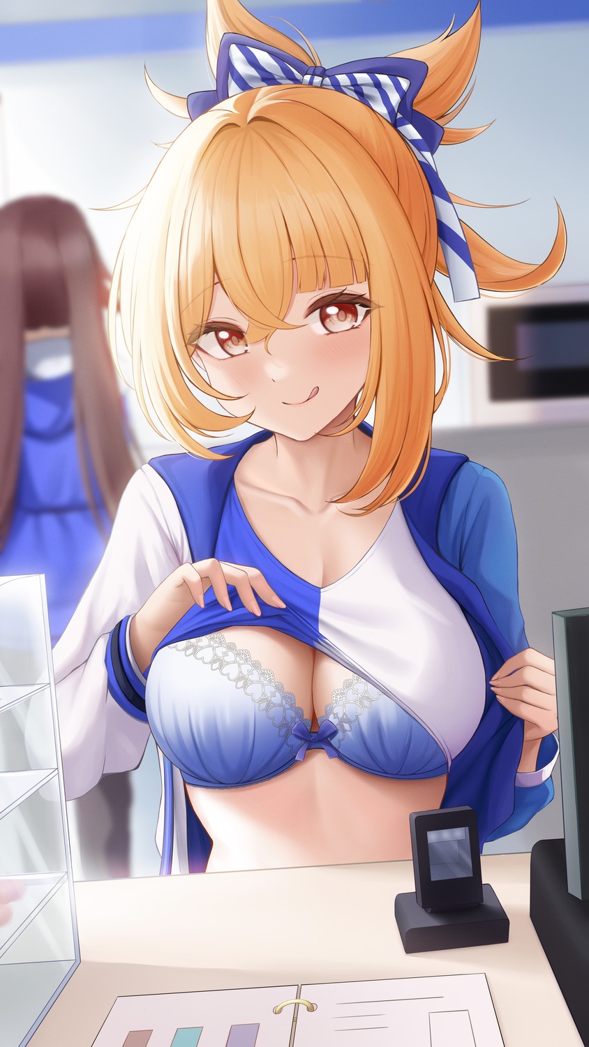 bra cleavage genshin_impact hu_tao mu_xue shirt_lift undressing uniform yoimiya