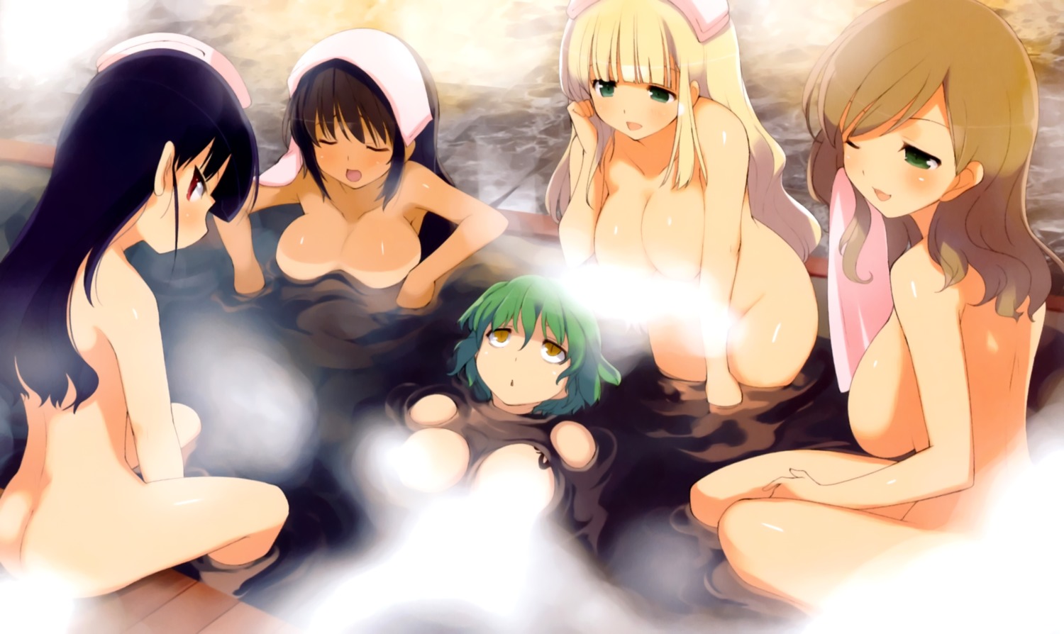 ass censored haruka_(senran_kagura) hikage homura_(senran_kagura) mirai_(senran_kagura) naked onsen senran_kagura tan_lines tattoo wet yaegashi_nan yomi_(senran_kagura)