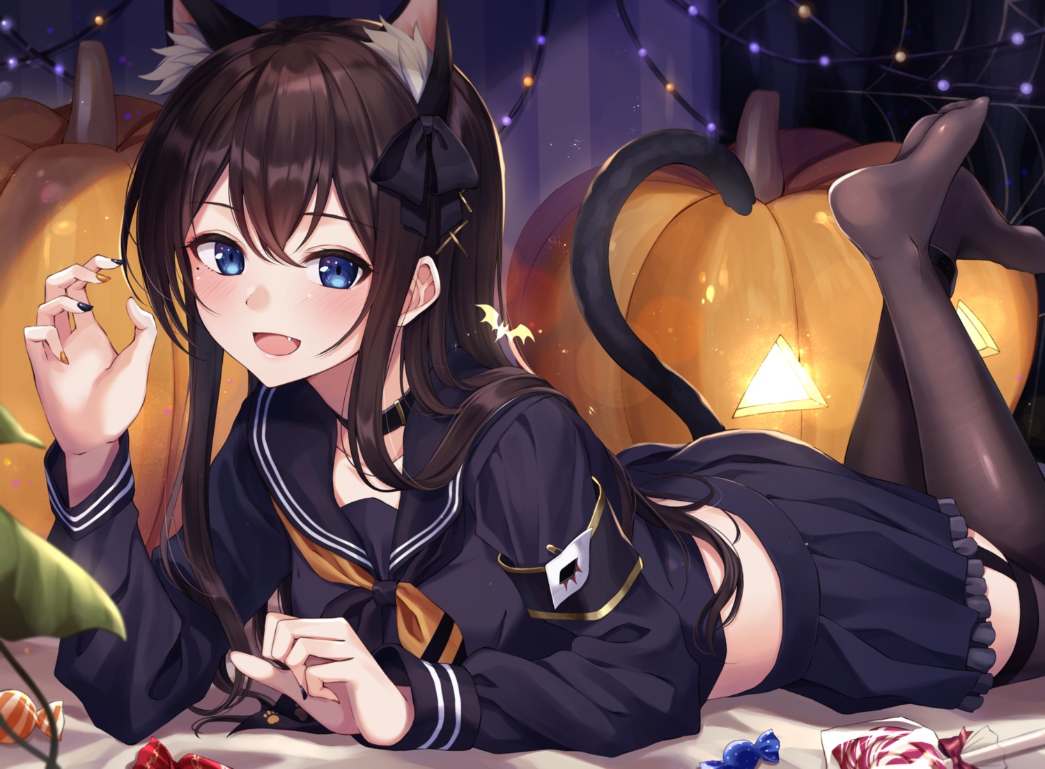 animal_ears halloween kuroto_yuu nekomimi seifuku stockings tail thighhighs