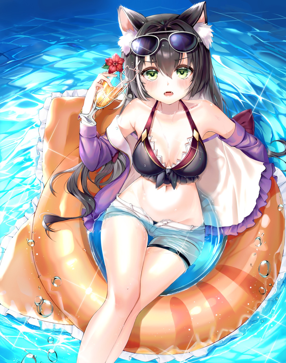 animal_ears bikini buri_(retty9349) cleavage garter karyl_(princess_connect) megane open_shirt princess_connect princess_connect!_re:dive swimsuits wet