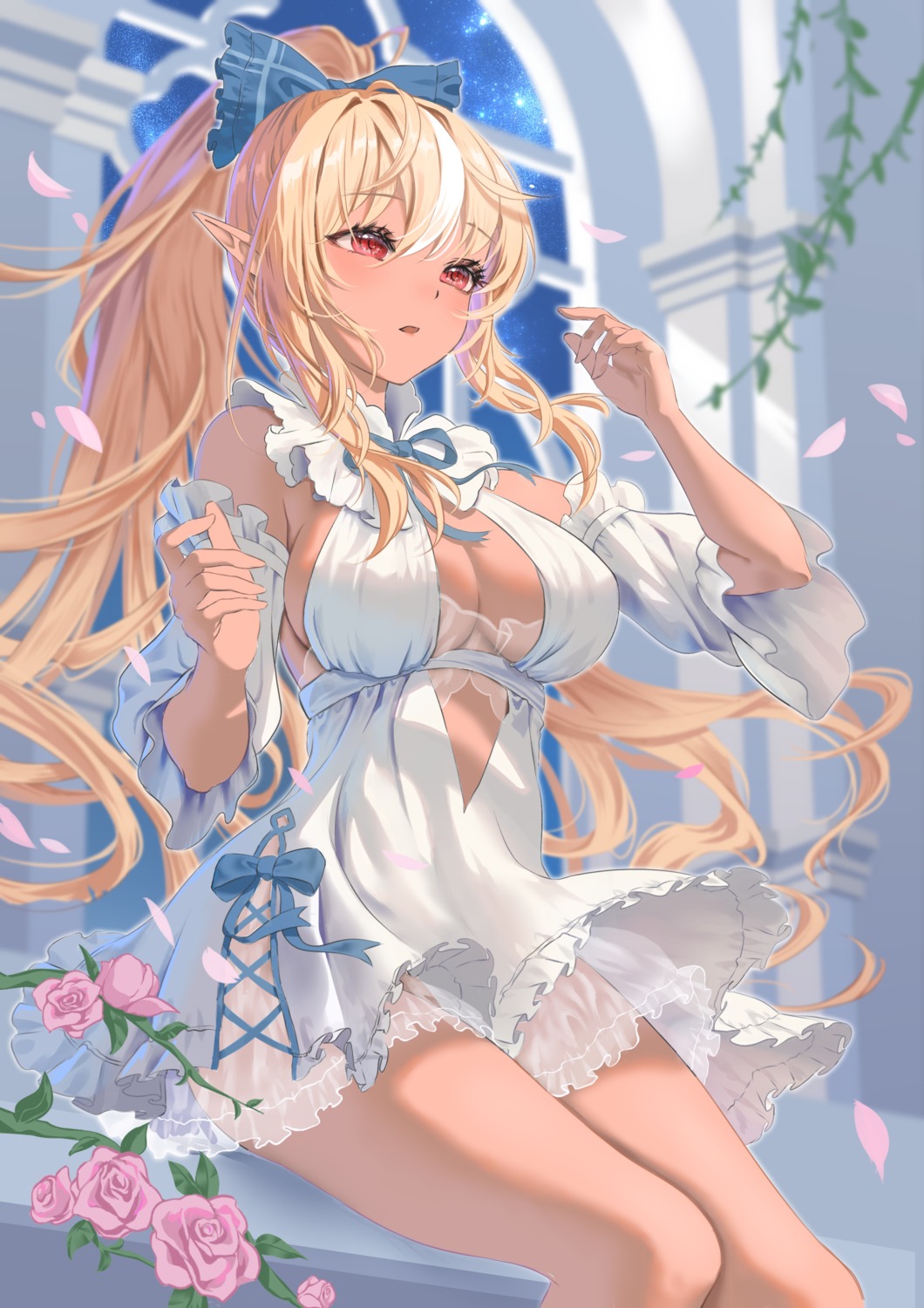 dress elf genjitsu_pirika hololive no_bra pointy_ears see_through shiranui_flare skirt_lift