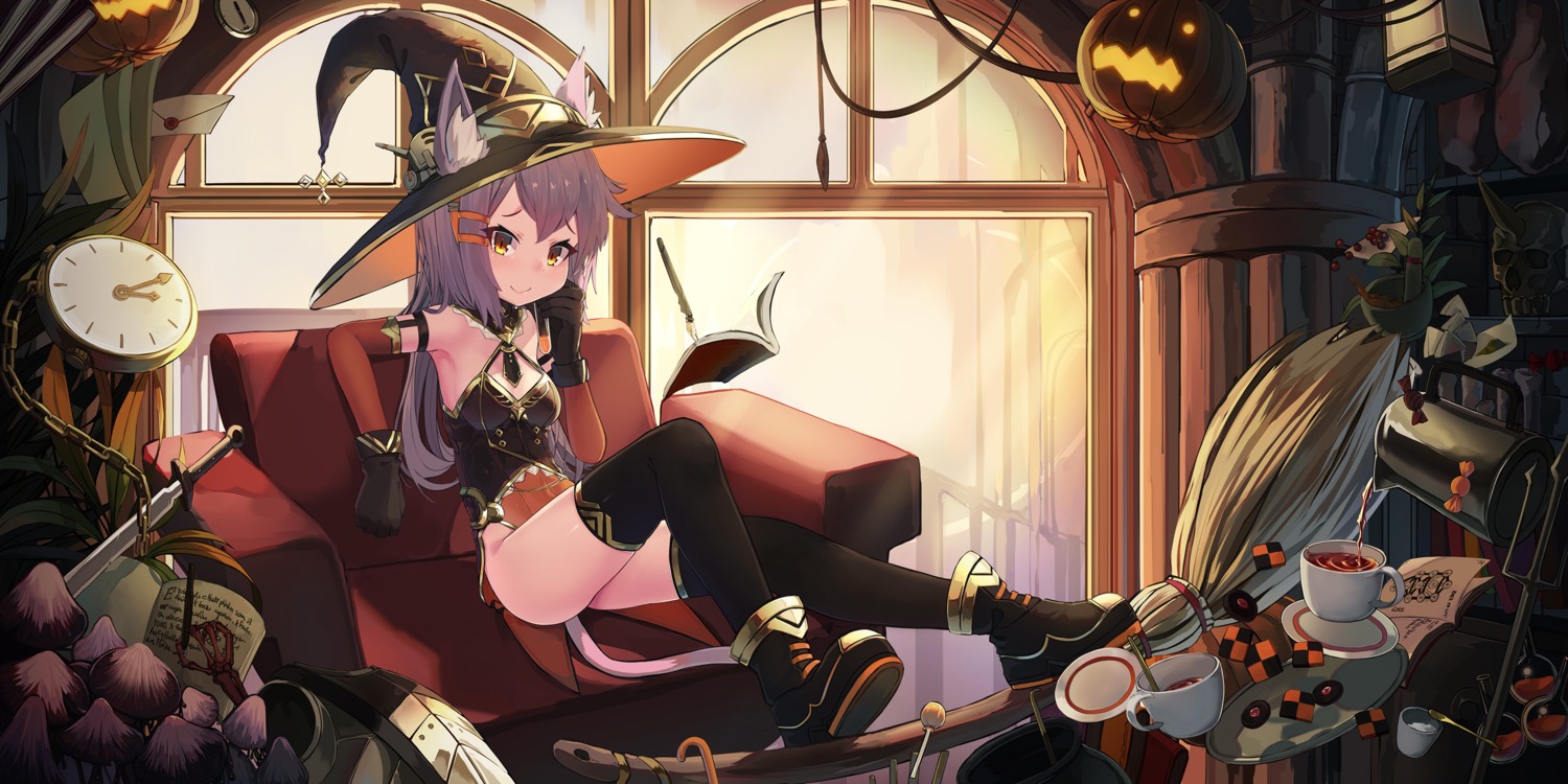 animal_ears cleavage halloween natori_youkai tail thighhighs witch