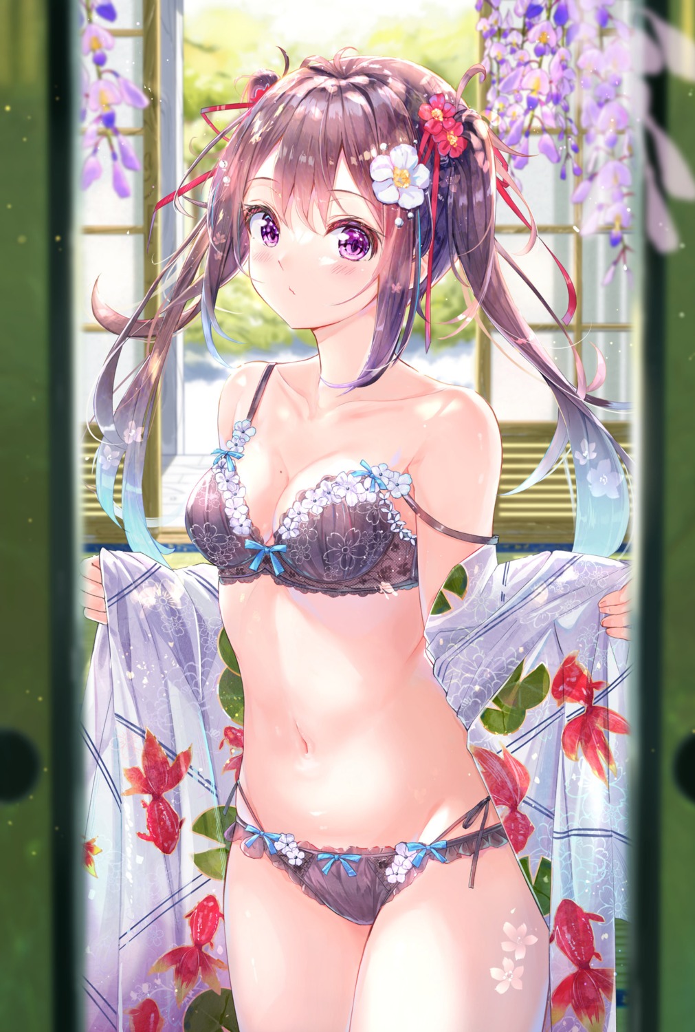 bra cleavage na_kyo open_shirt pantsu string_panties yukata