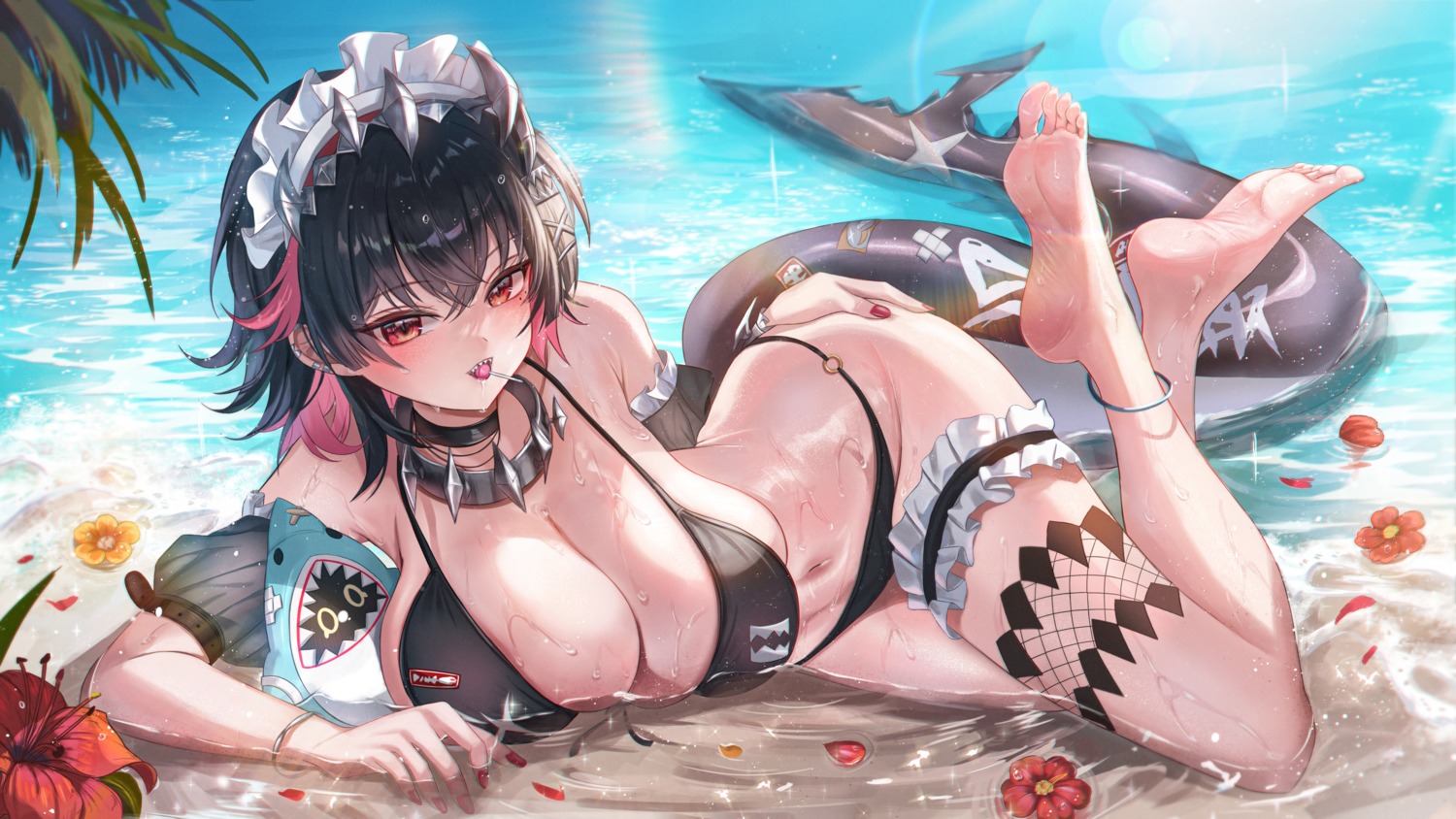 bikini ellen_joe feet fishnets garter maid see_through starlip swimsuits tail wet zenless_zone_zero