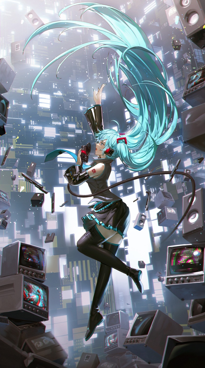 hatsune_miku headphones sem_(honey_v) tattoo thighhighs vocaloid