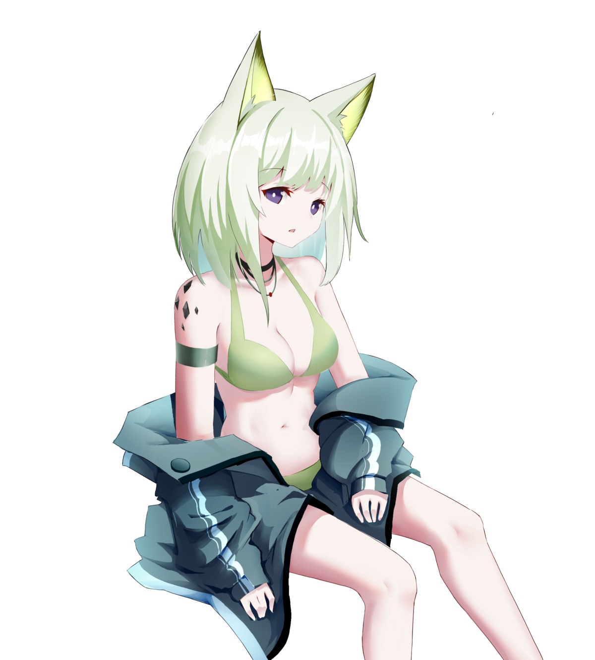 animal_ears arknights bikini huizhiyin kal'tsit_(arknights) open_shirt swimsuits