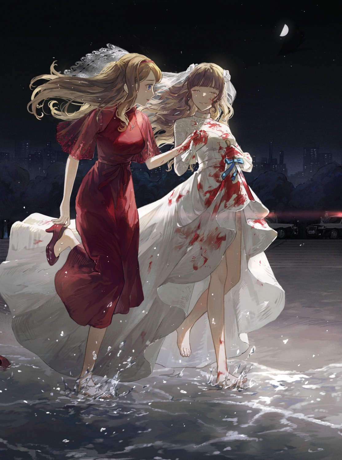 blood dress feet heels kotobuki_nashiko weapon wedding_dress wet yuri