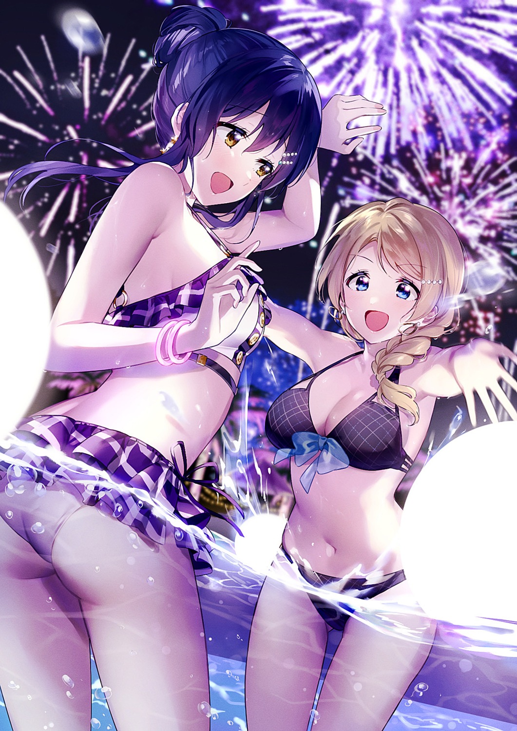 ass ayase_eli bikini love_live! nanatsu_no_umi skirt_lift sonoda_umi swimsuits thong wet