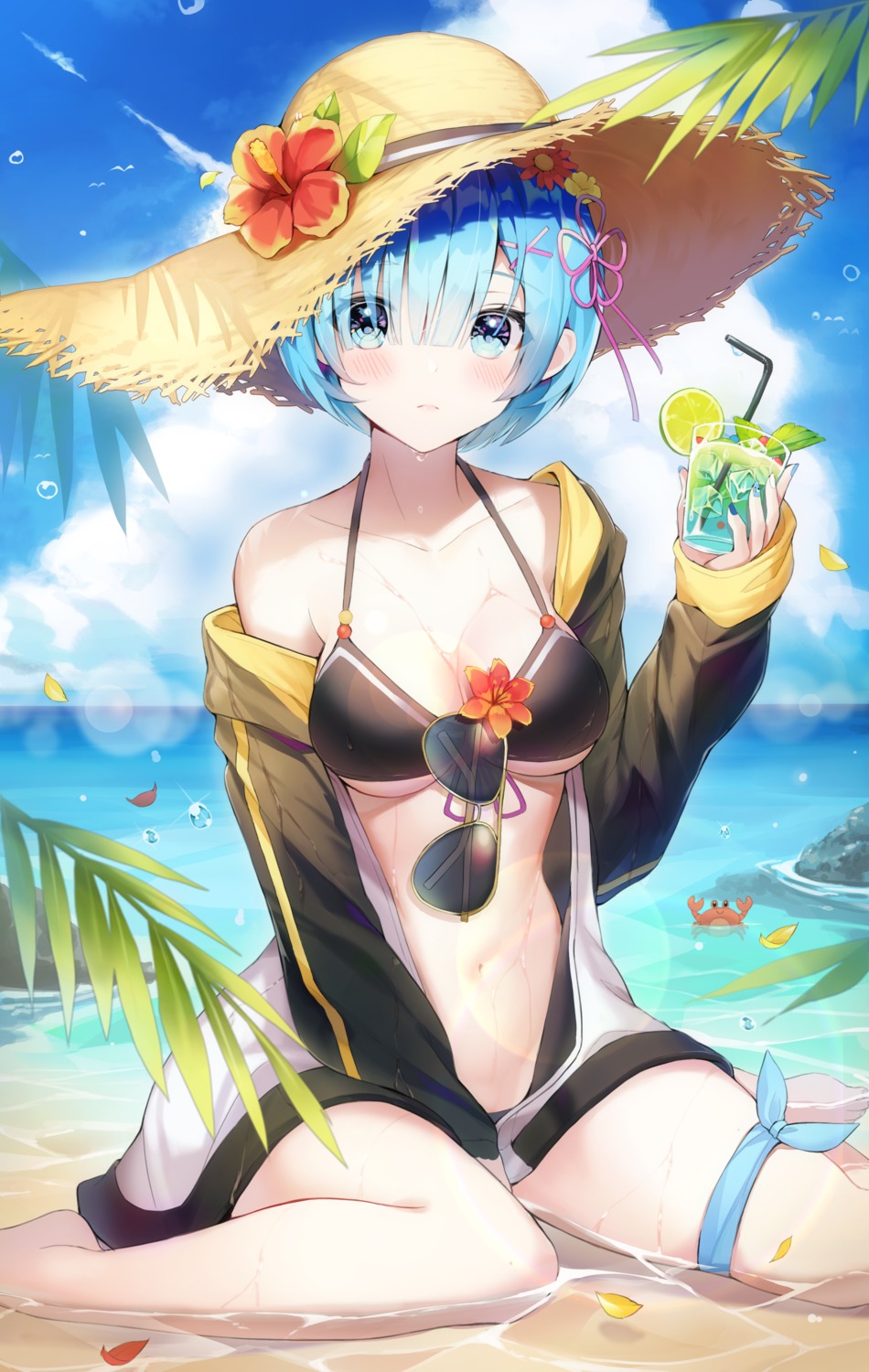 artist_revision bikini cleavage gym_uniform megane open_shirt re_zero_kara_hajimeru_isekai_seikatsu rem_(re_zero) swimsuits underboob wet yuna_(deadawon)