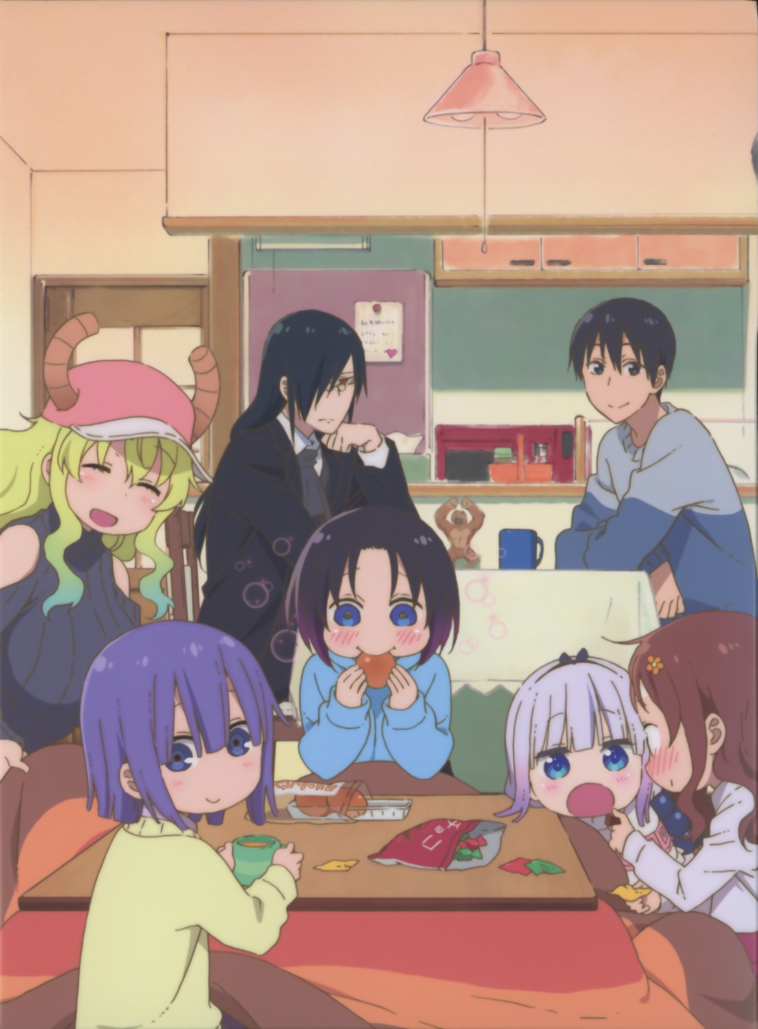 elma_(maidragon) fafnir_(maidragon) horns kanna_kamui kobayashi-san_chi_no_maidragon magatsuchi_shouta megane quetzalcoatl_(maidragon) saikawa_riko sweater takiya_makoto