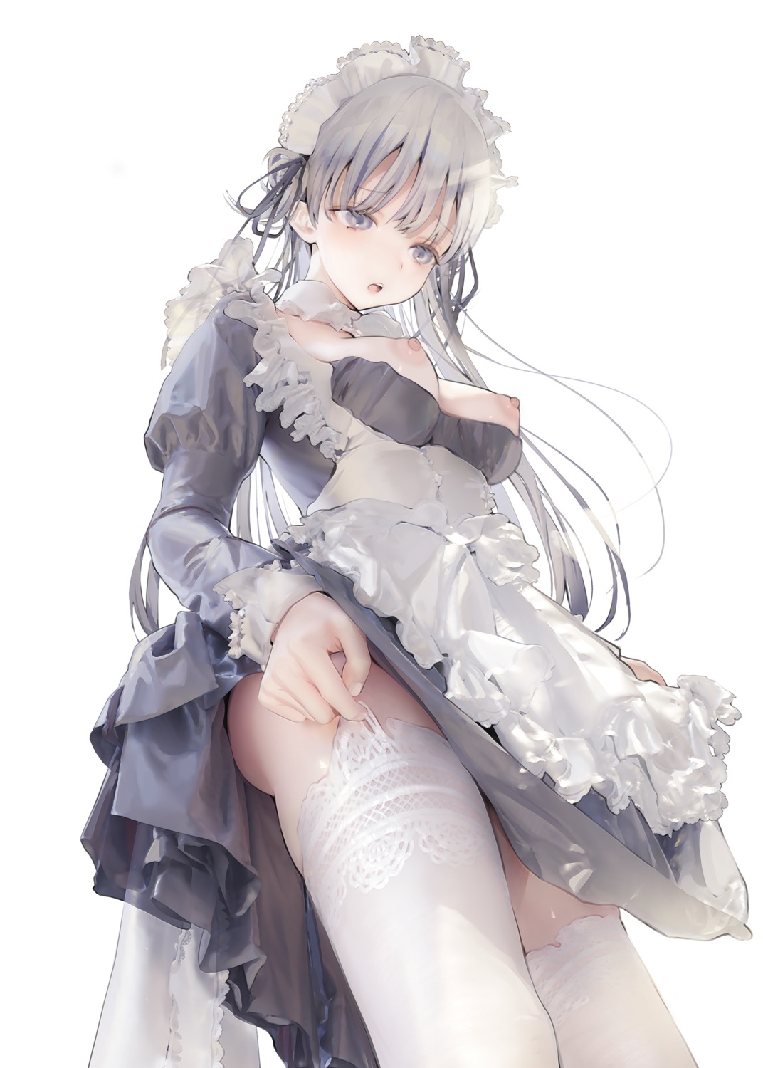 breasts iijima_masashi maid nipples no_bra open_shirt skirt_lift thighhighs