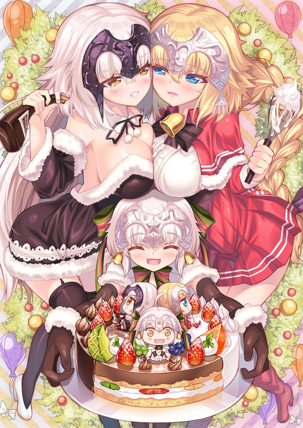 chibi christmas cleavage dress fate/grand_order heels jeanne_d'arc jeanne_d'arc_(alter)_(fate) jeanne_d'arc_(fate) jeanne_d'arc_alter_santa_lily no_bra stockings symmetrical_docking thighhighs tonchan