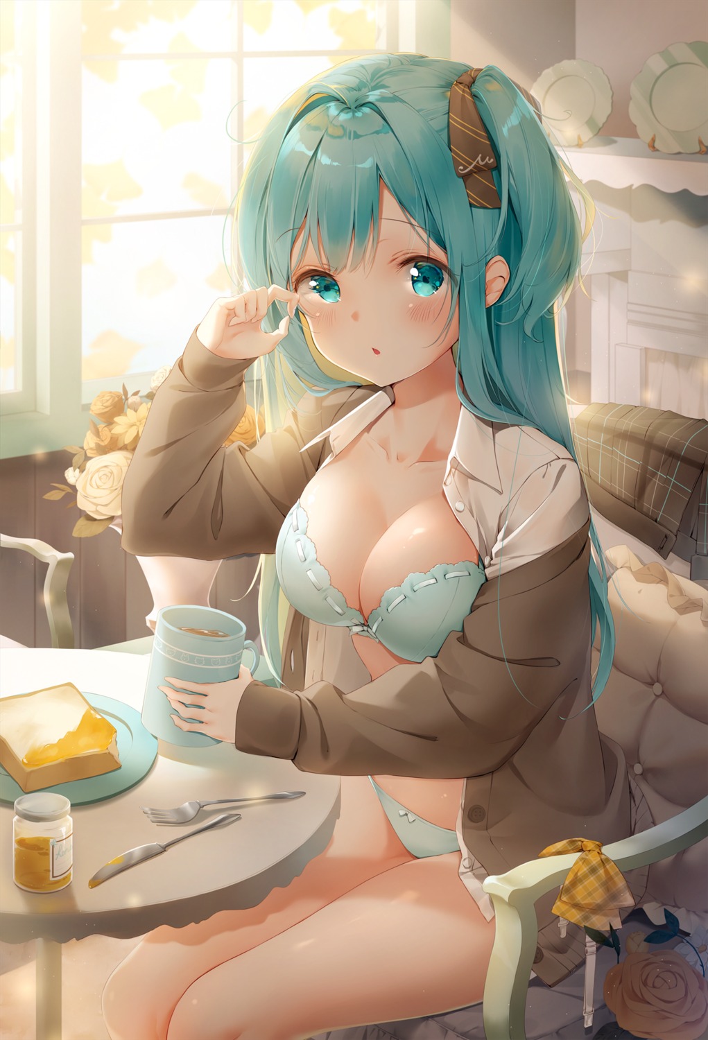 bra emori_miku emori_miku_project kinako_(shiratama_mochi) open_shirt pantsu seifuku sweater