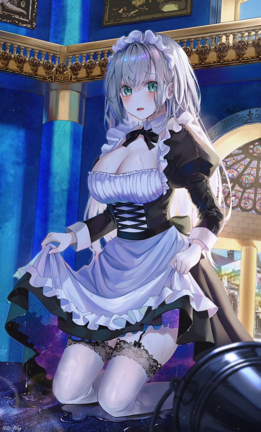 bling_(epvc5242) cleavage maid no_bra skirt_lift stockings thighhighs wet wet_clothes