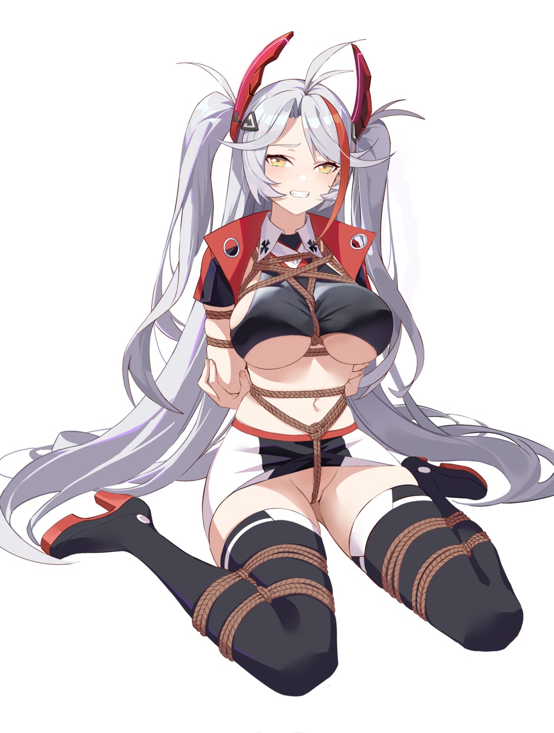 azur_lane bondage heels no_bra nopan prinz_eugen_(azur_lane) qiaoyiqiao_kanyikanla_zouguoluguobuyaocuoguo skirt_lift thighhighs underboob uniform