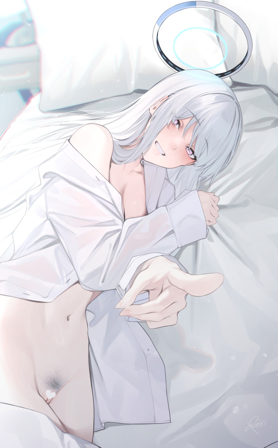 blue_archive bottomless censored dress_shirt halo no_bra open_shirt pubic_hair pussy rerrere see_through sheets ushio_noa