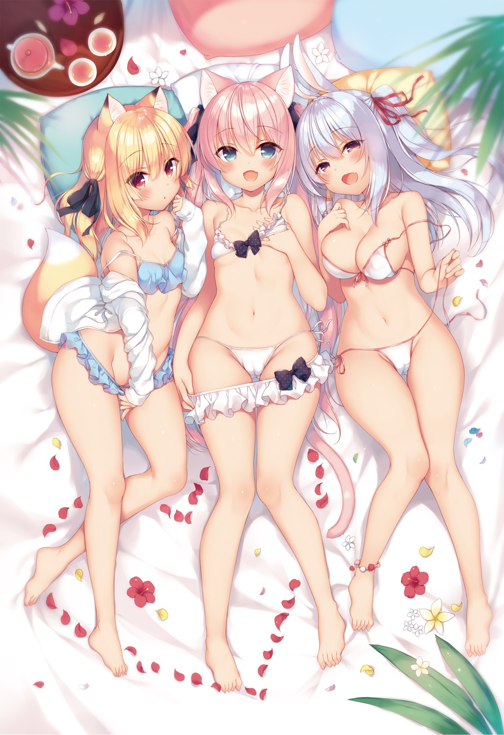 23.4° animal_ears bikini boku_no_risou_no_isekai_seikatsu breast_grab breast_hold cameltoe chise_(ichiri) cleavage ichiri kitsune loli misia_(ichiri) nekomimi open_shirt panty_pull rabimea_(ichiri) swimsuits tail undressing