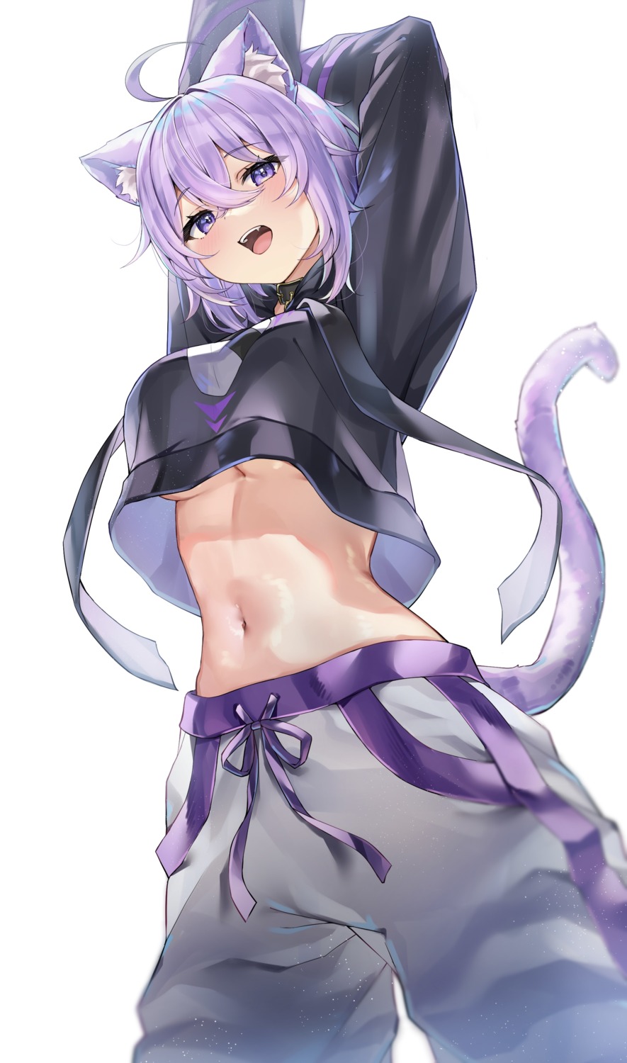 animal_ears bochibochi_(gyuuniku_6000) hololive hololive_gamers nekomata_okayu nekomimi no_bra shirt_lift tail underboob