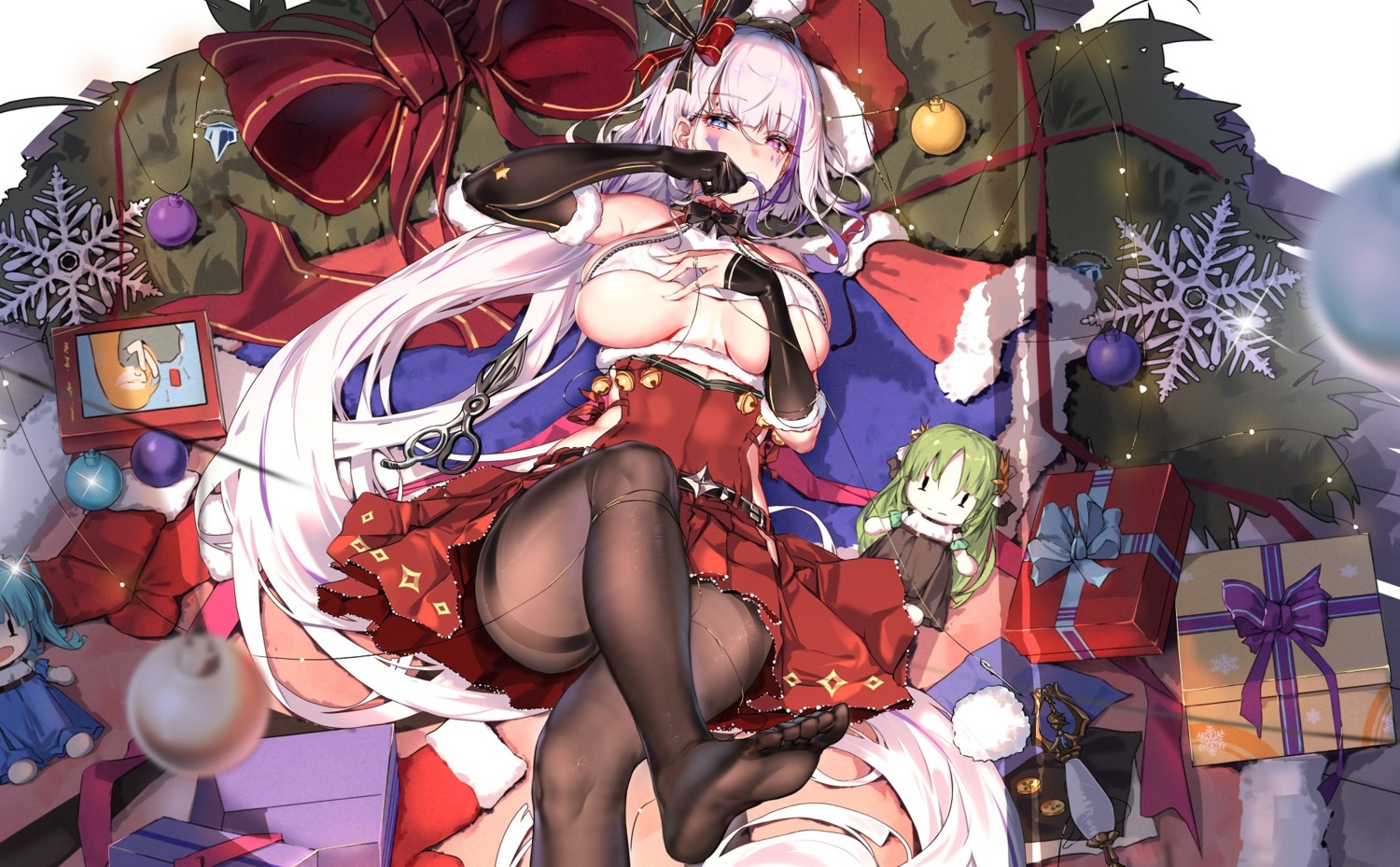 ark_order breast_hold chibi christmas feet heterochromia no_bra pantyhose skirt_lift you_ni_ge_shaobing