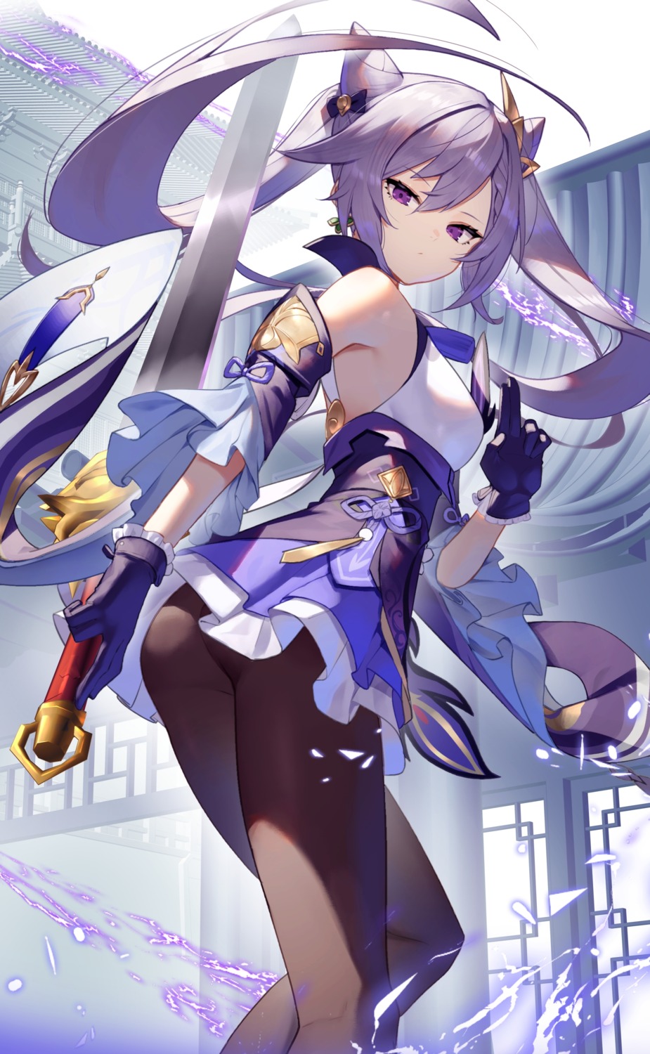 artist_revision asian_clothes ass genshin_impact keqing pantyhose skirt_lift sukocchi sword