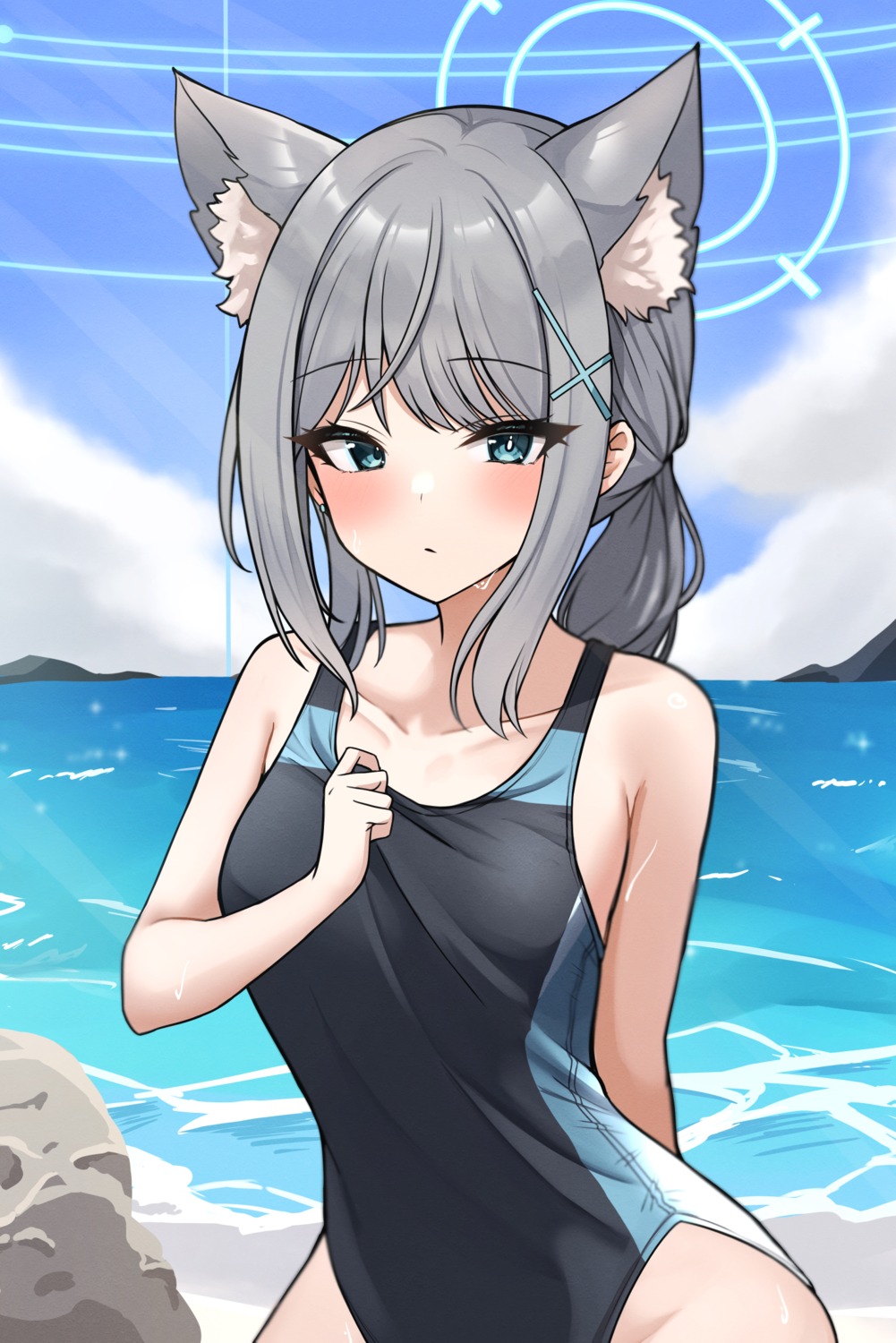 animal_ears blue_archive halo mitsumine_raimu nekomimi sunaookami_shiroko swimsuits