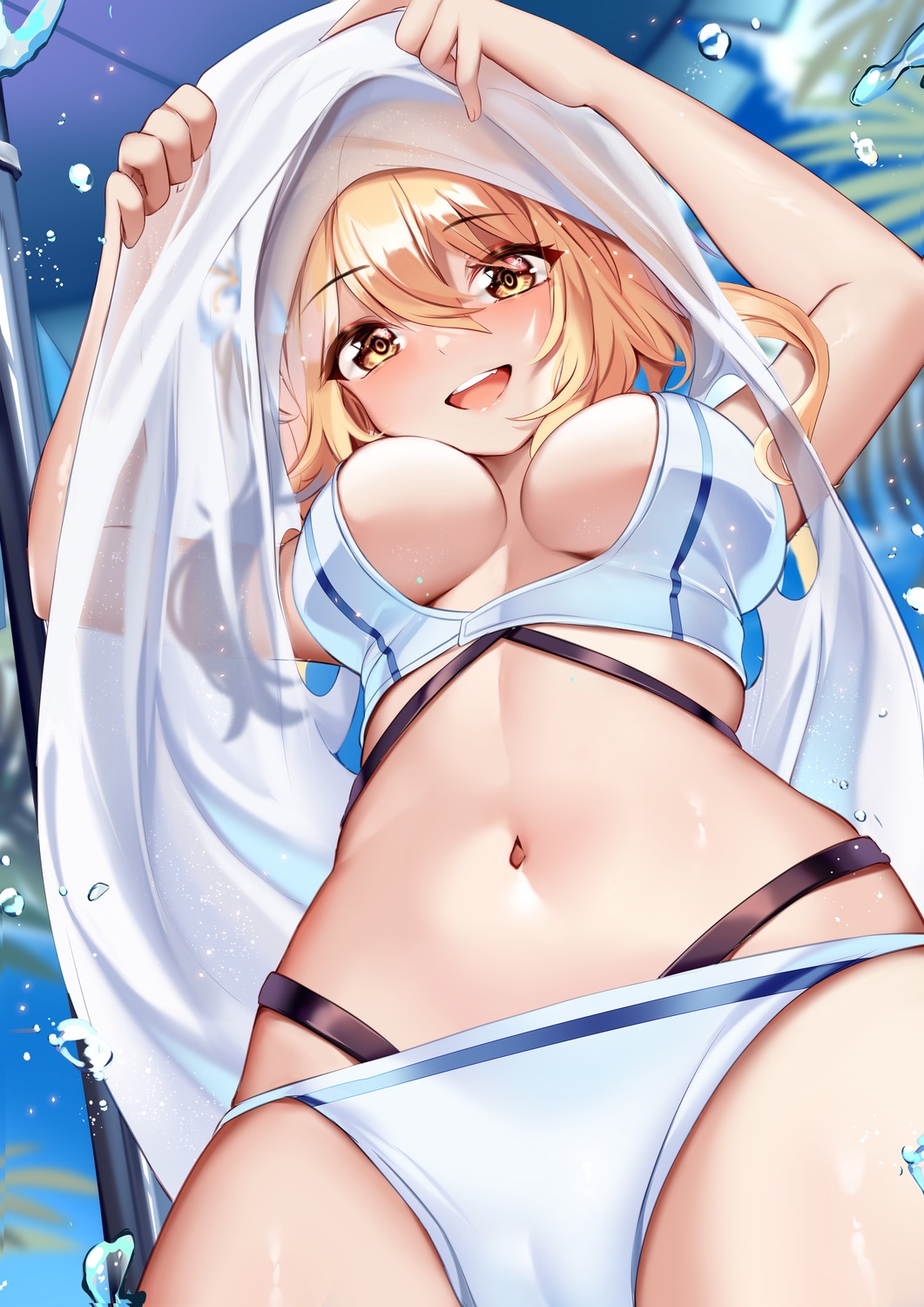 bikini cameltoe genshin_impact lumine shirt_lift squchan swimsuits undressing