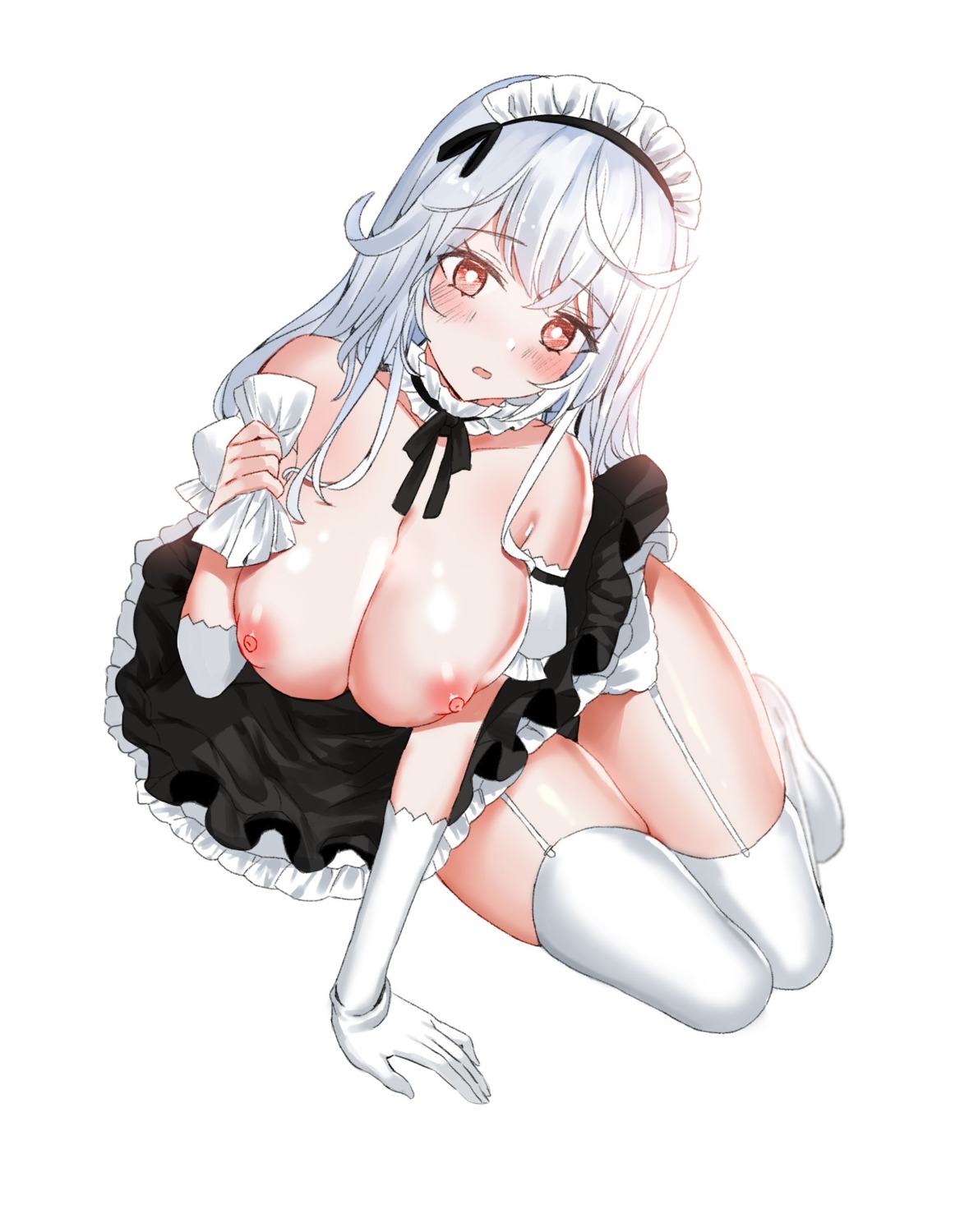 breast_hold breasts closers maid mirae_(closers) nipples no_bra skirt_lift stockings thighhighs