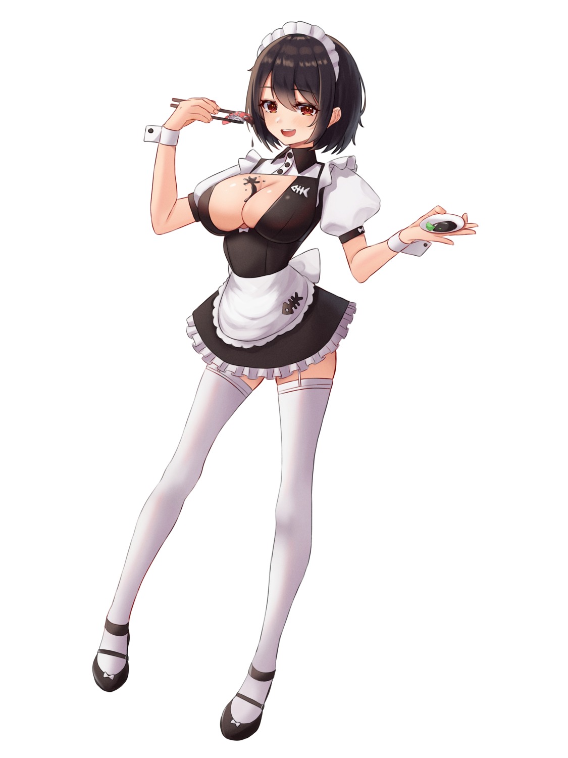 cream kano_(wi3028) maid no_bra open_shirt stockings thighhighs