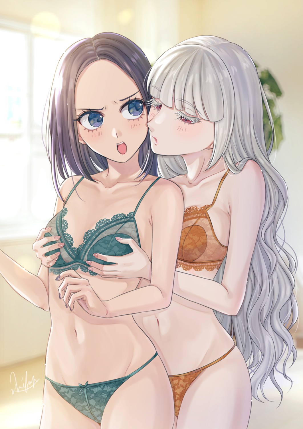 bra breast_hold cleavage kubota_mifuyu pantsu yuri