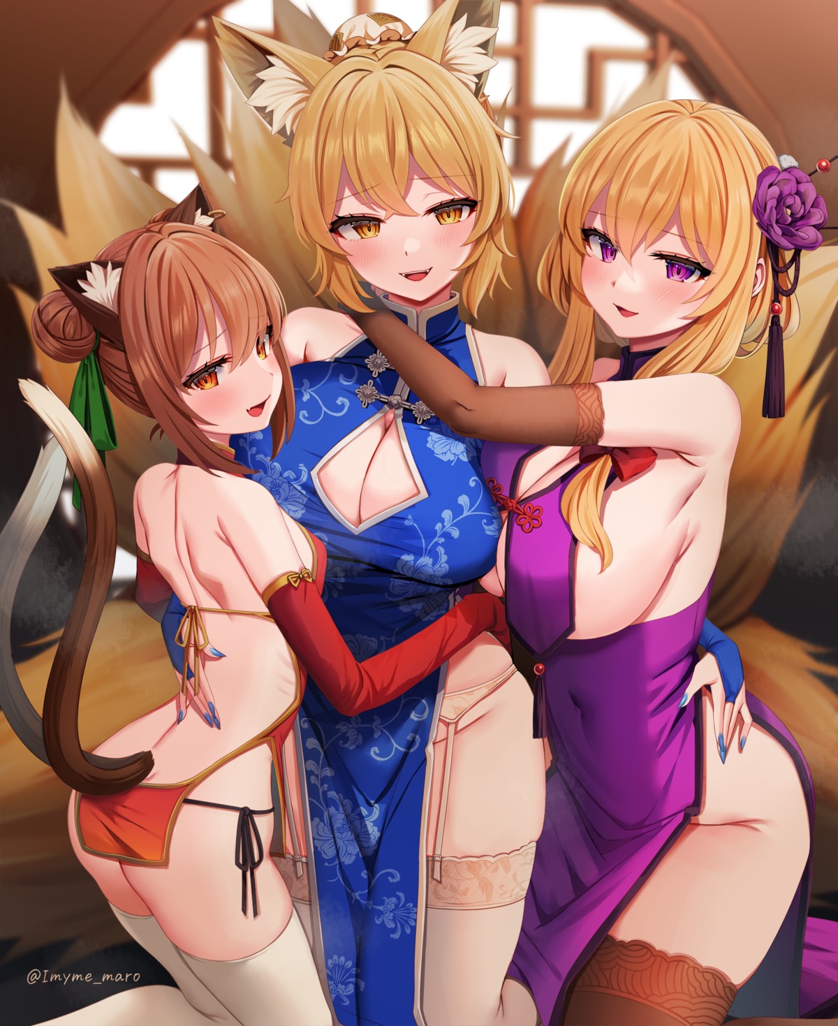 animal_ears chen chinadress kitsune marota nekomimi no_bra nopan stockings tail thighhighs touhou yakumo_ran yakumo_yukari