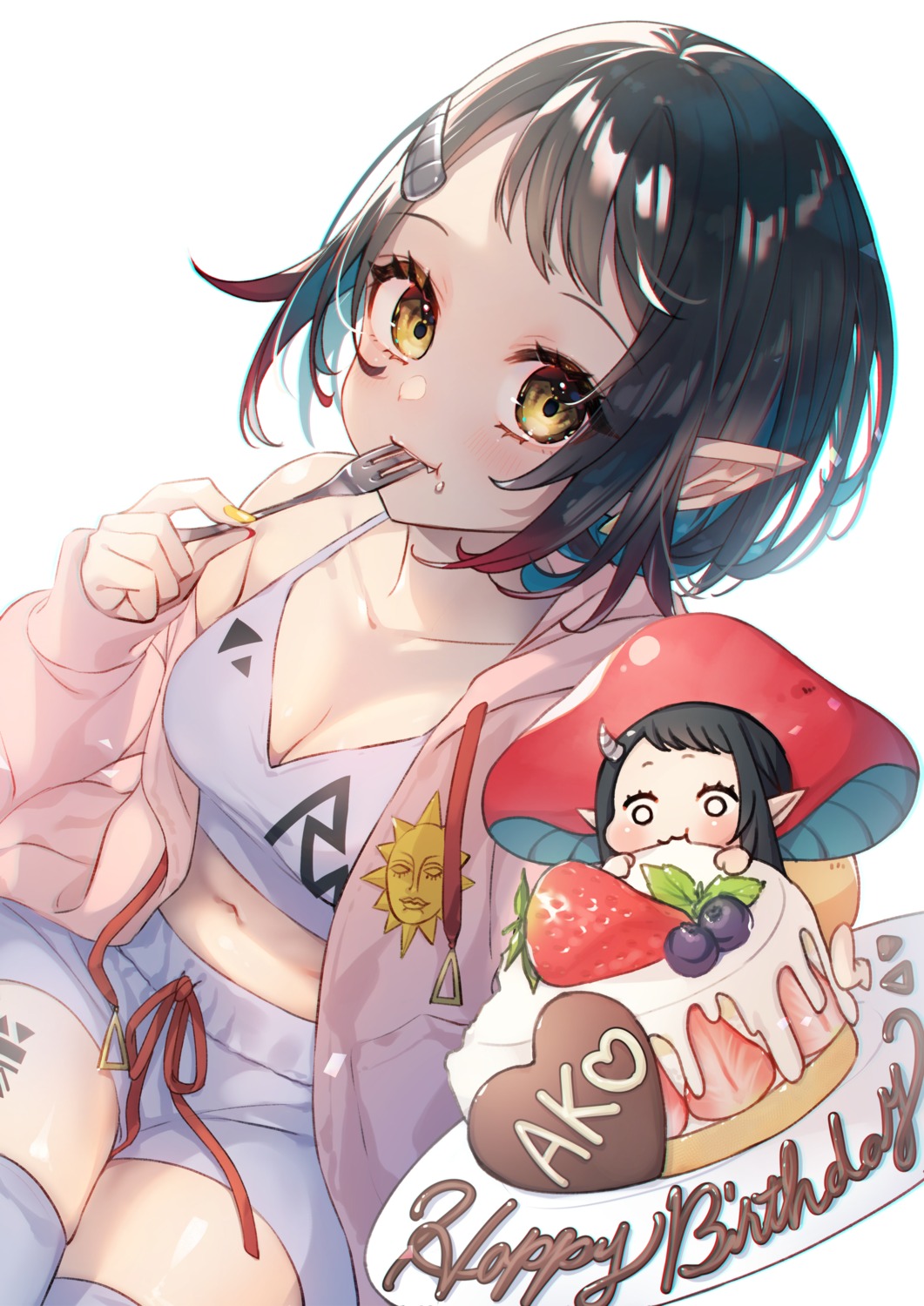 bra chibi cleavage horns kitazume_kumie open_shirt pointy_ears tattoo thighhighs