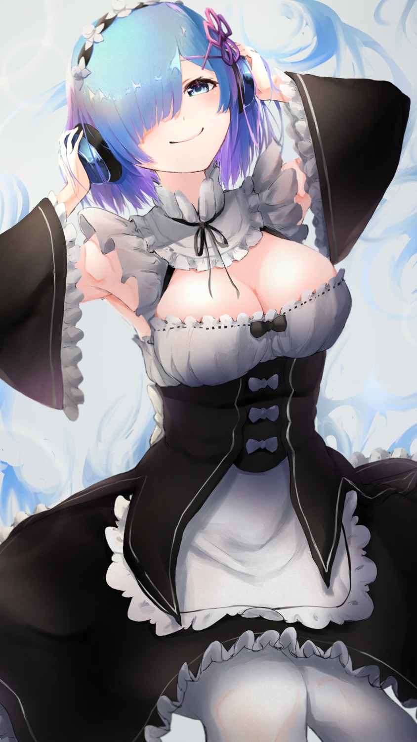 cleavage headphones hitsuji_(sheepsb22) maid pantyhose re_zero_kara_hajimeru_isekai_seikatsu rem_(re_zero)