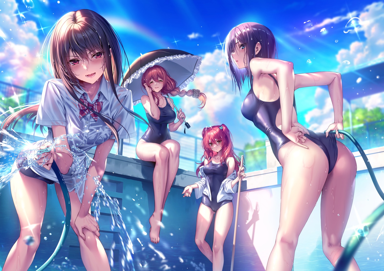 ass hanikami_kanojo hinoura_nanaka kurumi_shinoha minazumi_kasane miyatsuki_yuna piromizu school_swimsuit see_through seifuku swimsuits umbrella wet wet_clothes