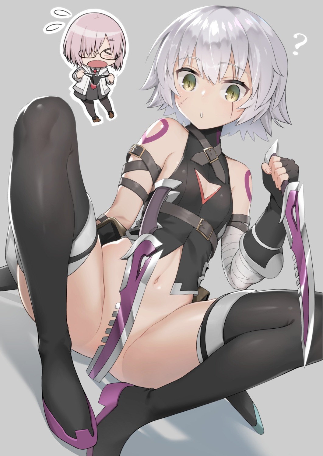 bandages bottomless chibi cleavage fate/apocrypha fate/grand_order fate/stay_night heels jack_the_ripper mash_kyrielight megane pantyhose saruchitan tattoo thighhighs weapon