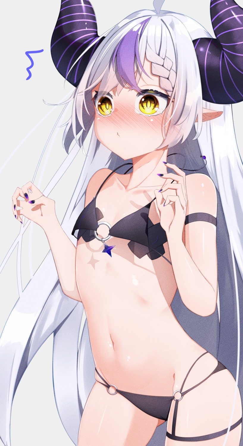 bikini garter hololive horns kamaboko_(kmm15a) la+_darknesss loli pointy_ears swimsuits