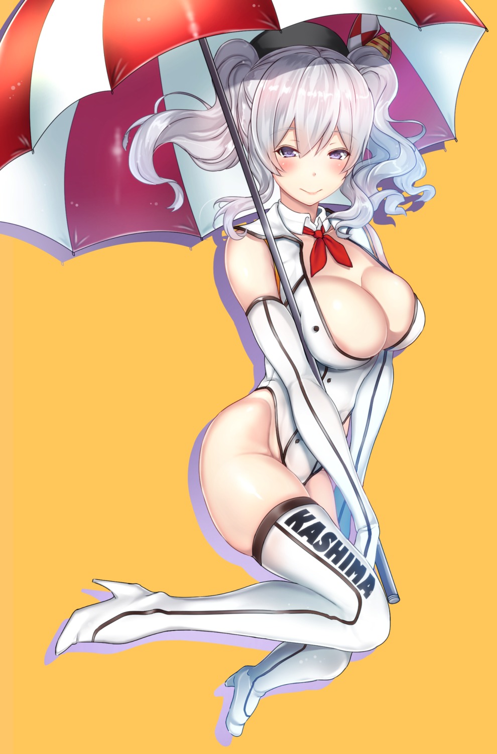 cleavage heels kantai_collection kashima_(kancolle) leotard no_bra open_shirt thighhighs umbrella untsue