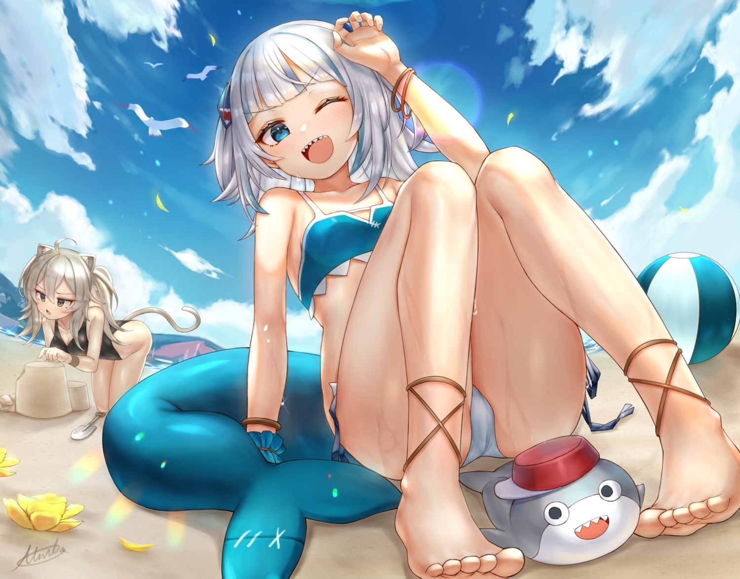 animal_ears bikini feet gawr_gura hololive hololive_english miko_no_kamiko shishiro_botan swimsuits tail wet