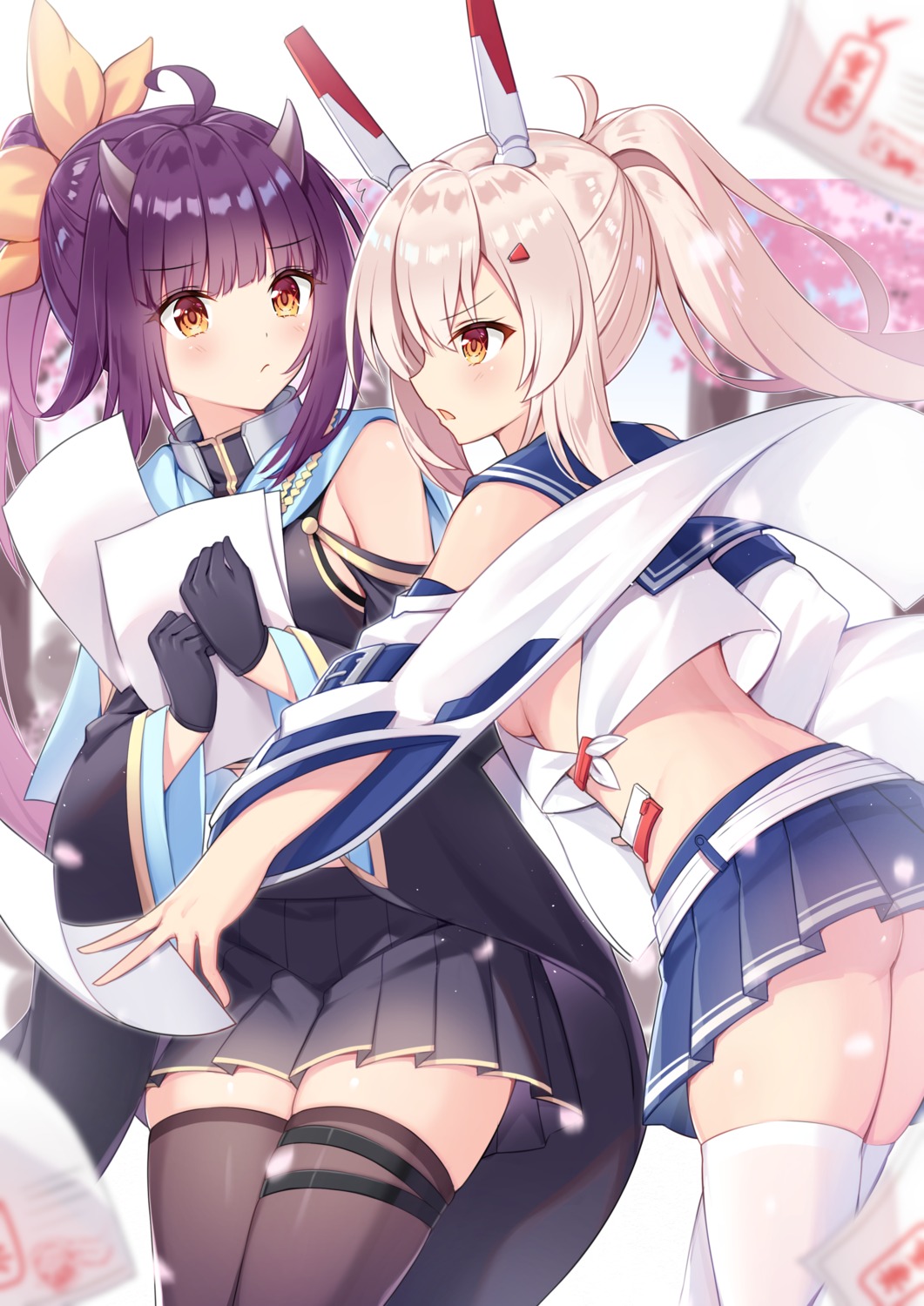 ass ayanami_(azur_lane) azur_lane garter horns isuzu_(azur_lane) no_bra nopan seifuku takeg05 thighhighs