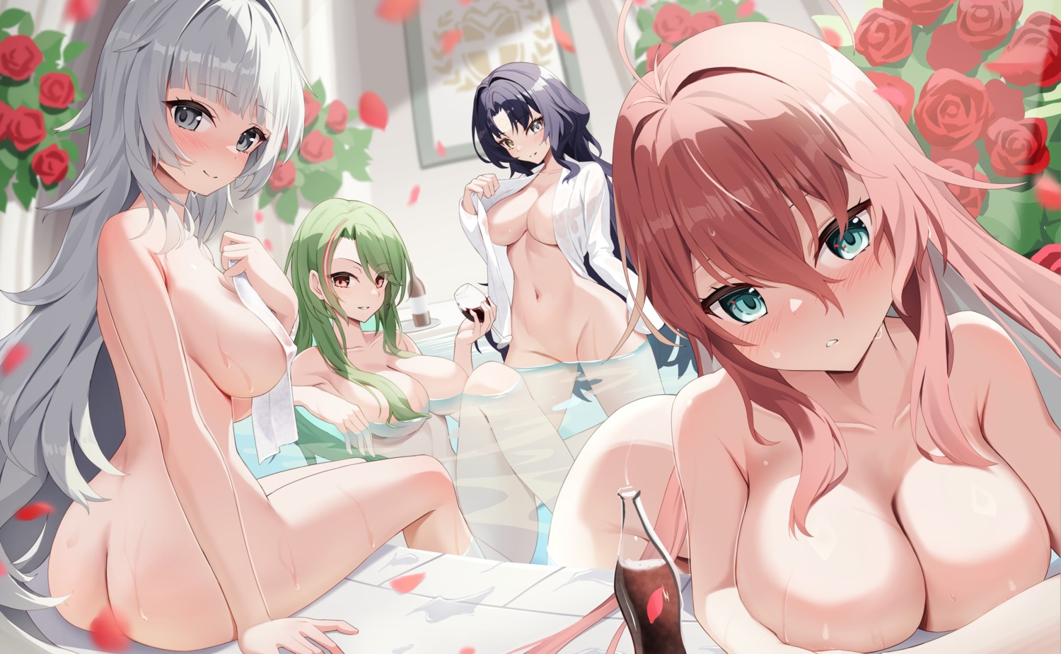 areola azur_lane bathing bottomless dress_shirt heterochromia humo impero_(azur_lane) littorio_(azur_lane) naked no_bra open_shirt roma_(azur_lane) see_through towel undressing vittorio_veneto_(azur_lane) wet wet_clothes