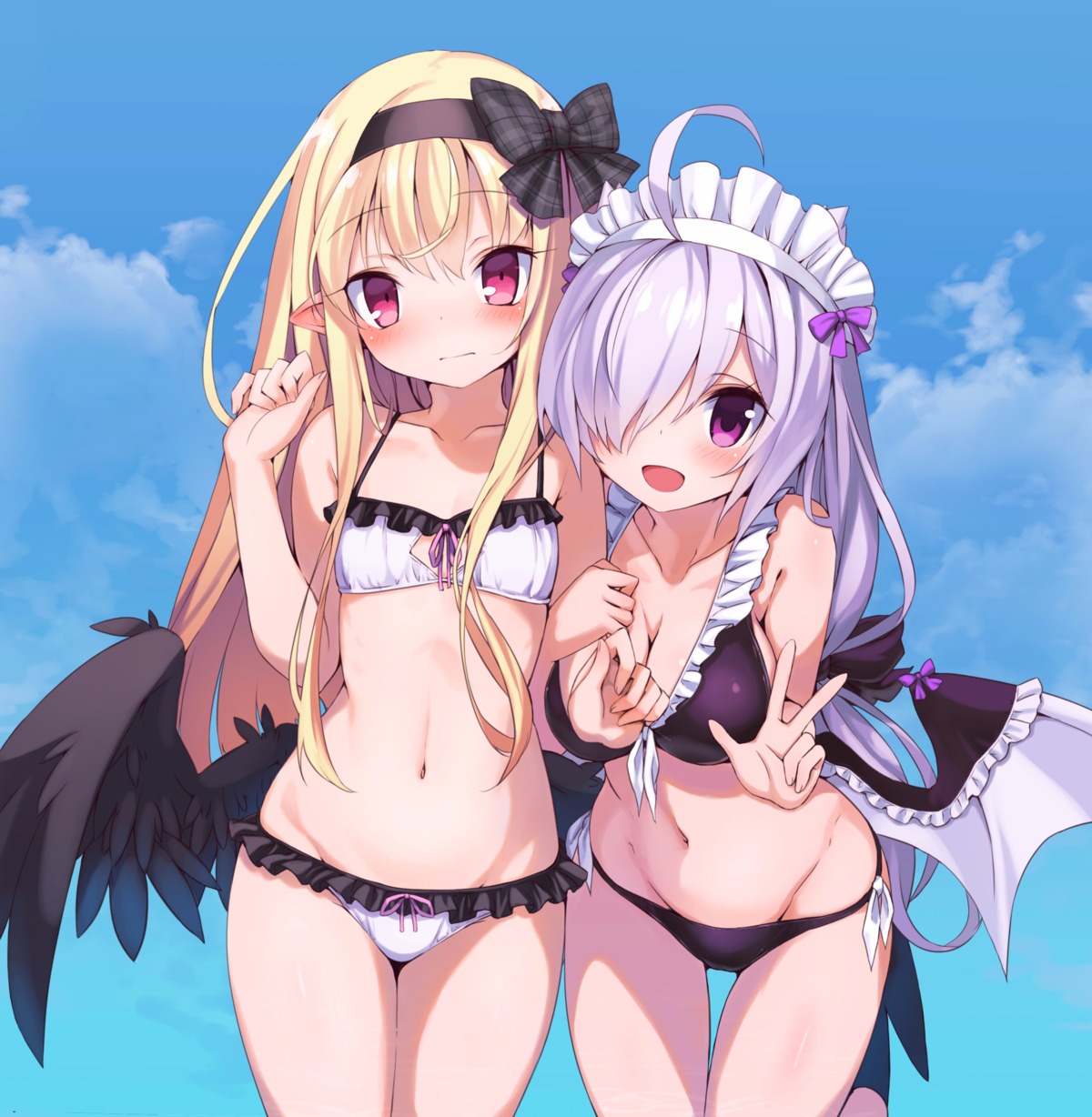 armadillon bikini cleavage emil_chronicle_online maid pointy_ears swimsuits wings