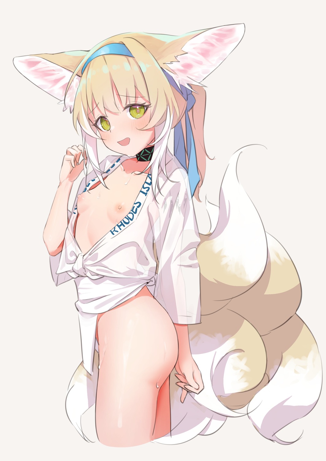 animal_ears arknights breasts fundoshi japanese_clothes kitsune loli nipples no_bra open_shirt suzuran_(arknights) tail yakurope-moko