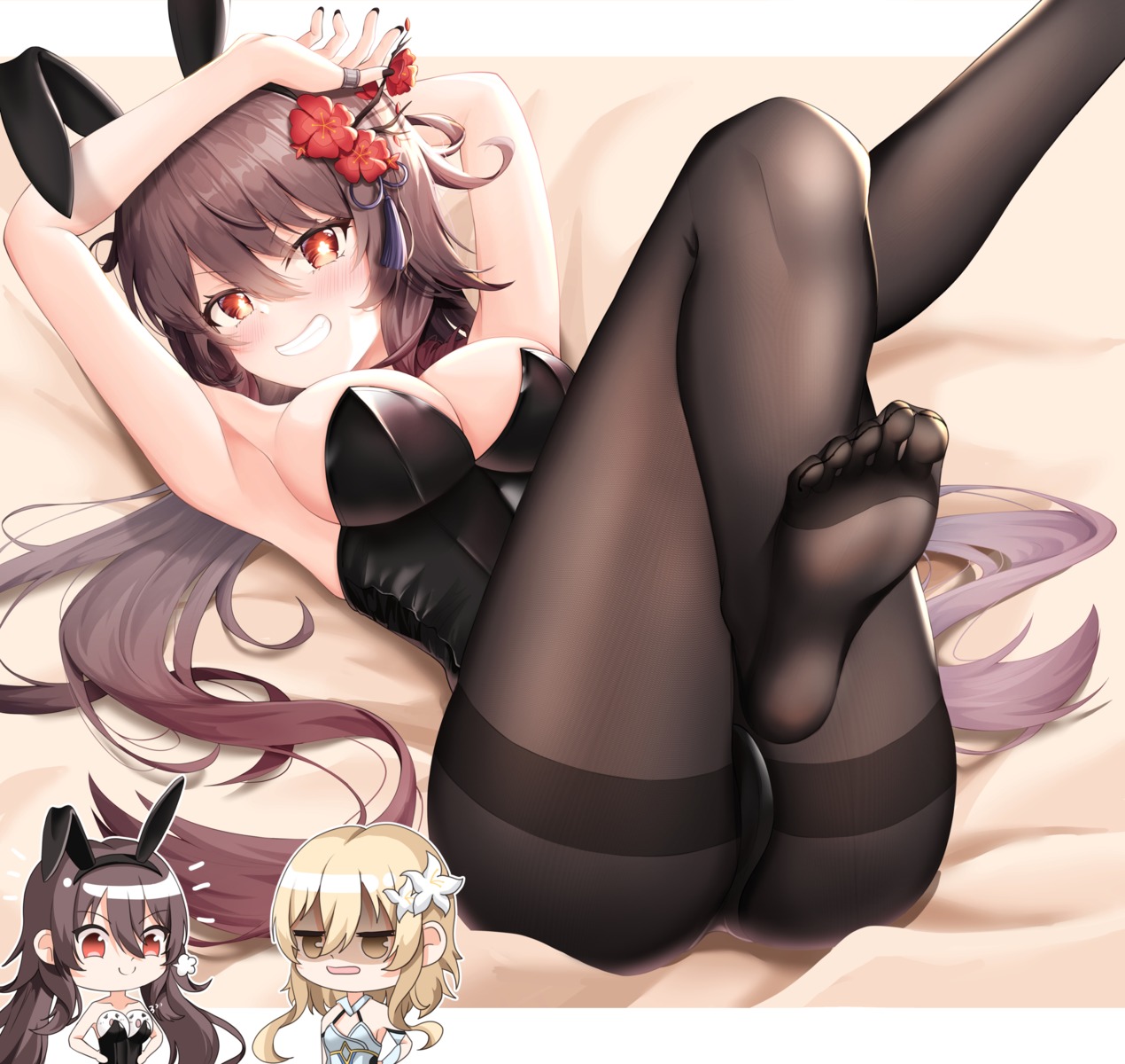 animal_ears bunny_ears bunny_girl chibi feet genshin_impact hu_tao lancheu lumine no_bra pantyhose