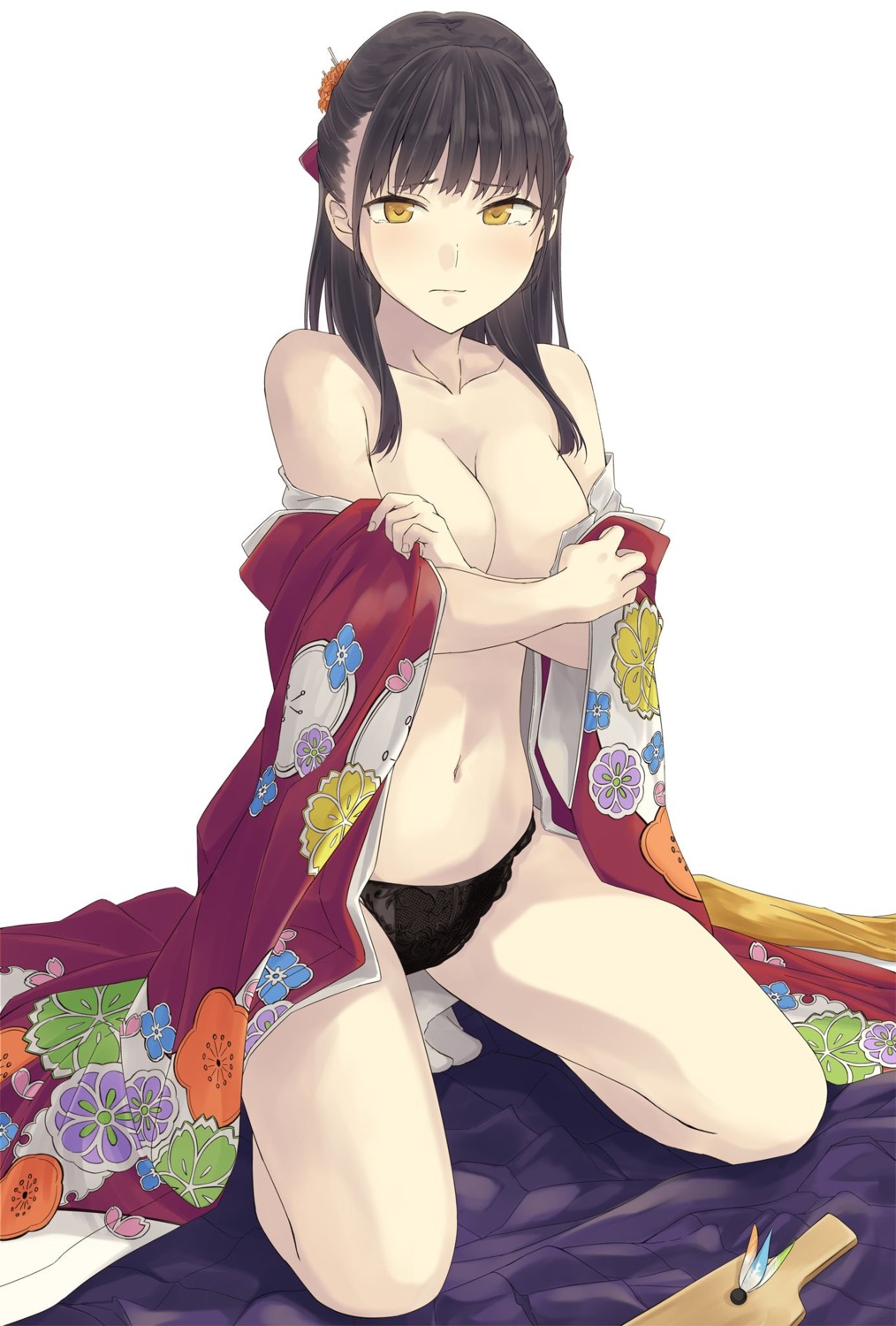 breast_hold breasts hiwatari_rin kimono no_bra open_shirt pantsu undressing