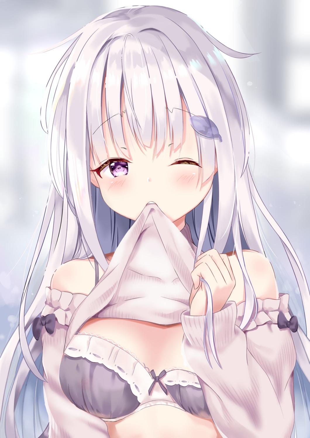 aoba_mitsu bra breast_hold lize_helesta nijisanji shirt_lift sweater undressing