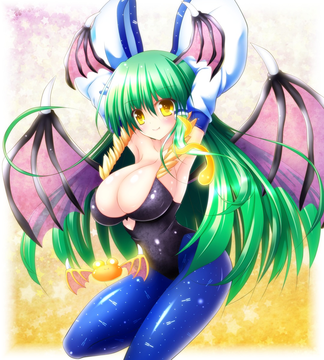 cleavage cosplay dark_stalkers kochiya_sanae morrigan_aensland osashin_(osada) pantyhose touhou wings