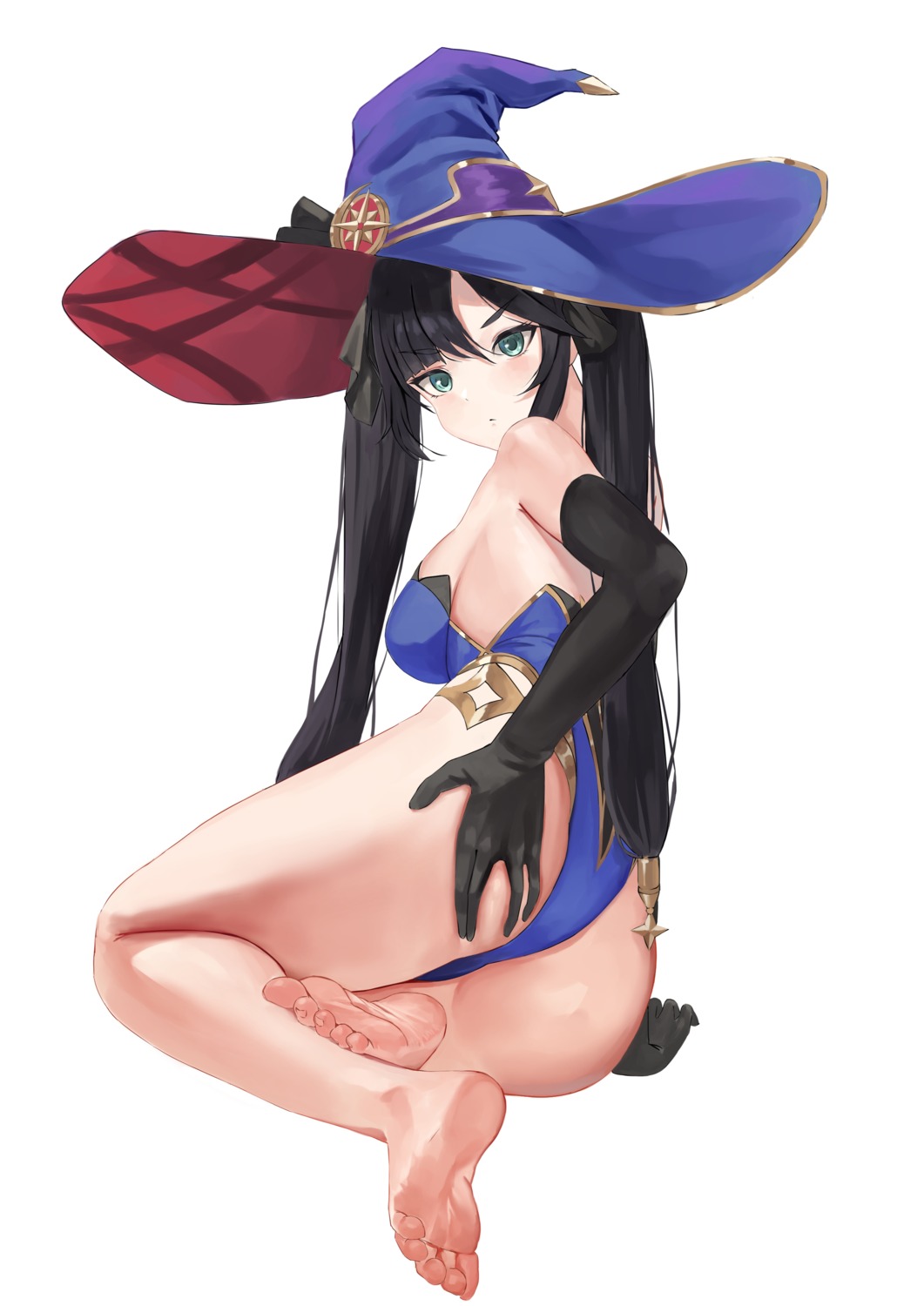 ass feet genshin_impact leotard mona_megistus no_bra nonekong witch